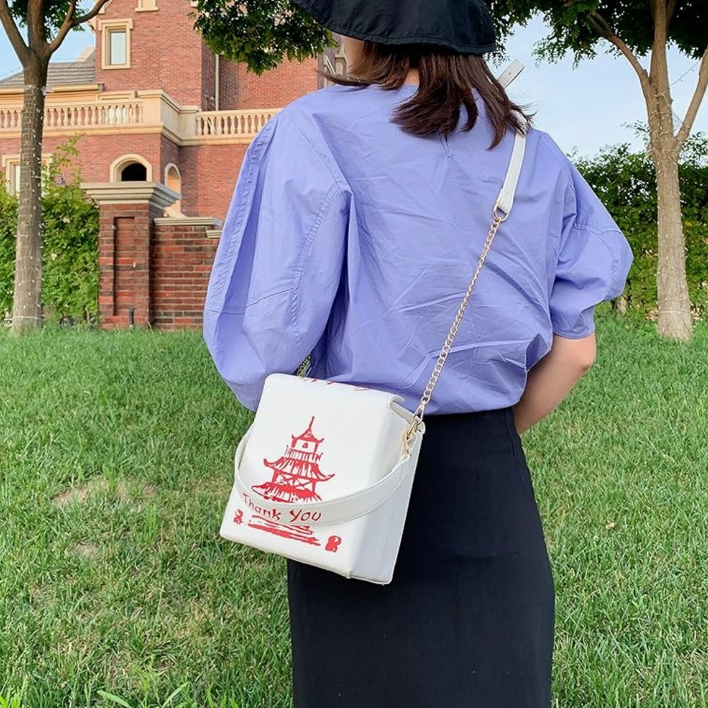 White Crossbody Bag with Red Pagoda Print - Stylish Women’s Shoulder Bag